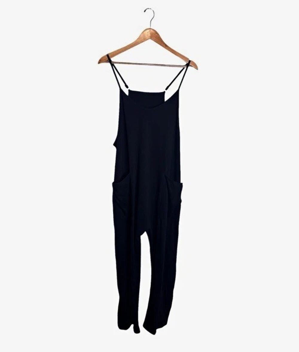 Women's Black Jumpsuit V Neck Strappy Sleeveless Pockets Large Casual Comfy
